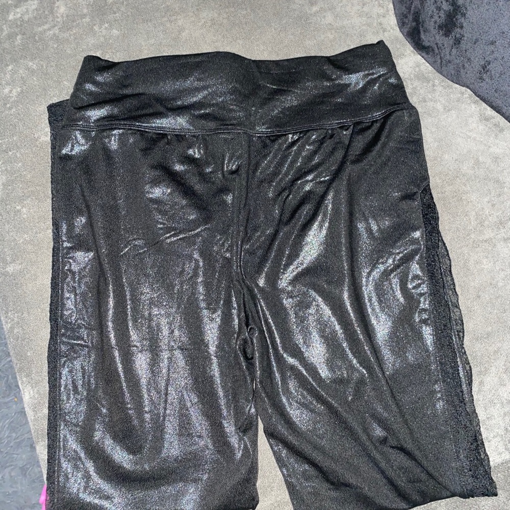 Black leather spandex leggings with fishnet trim